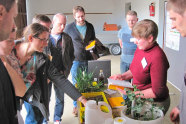 Lehrer und Studierende stehen um Tisch mit Pflanzen